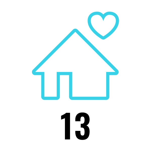 Outline of a house with a heart above it, with the text '13', representing how many dogs and cats a day arrive at Battersea's centres. 